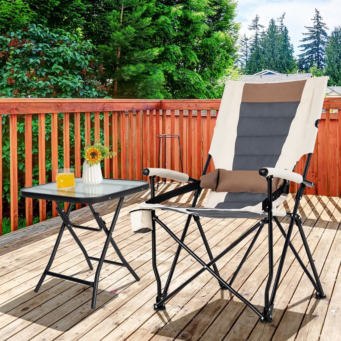 GemGear folding camping chairs with cup holder armrests and lumbar pillows, beige and grey on Tampa Home & Garden Store