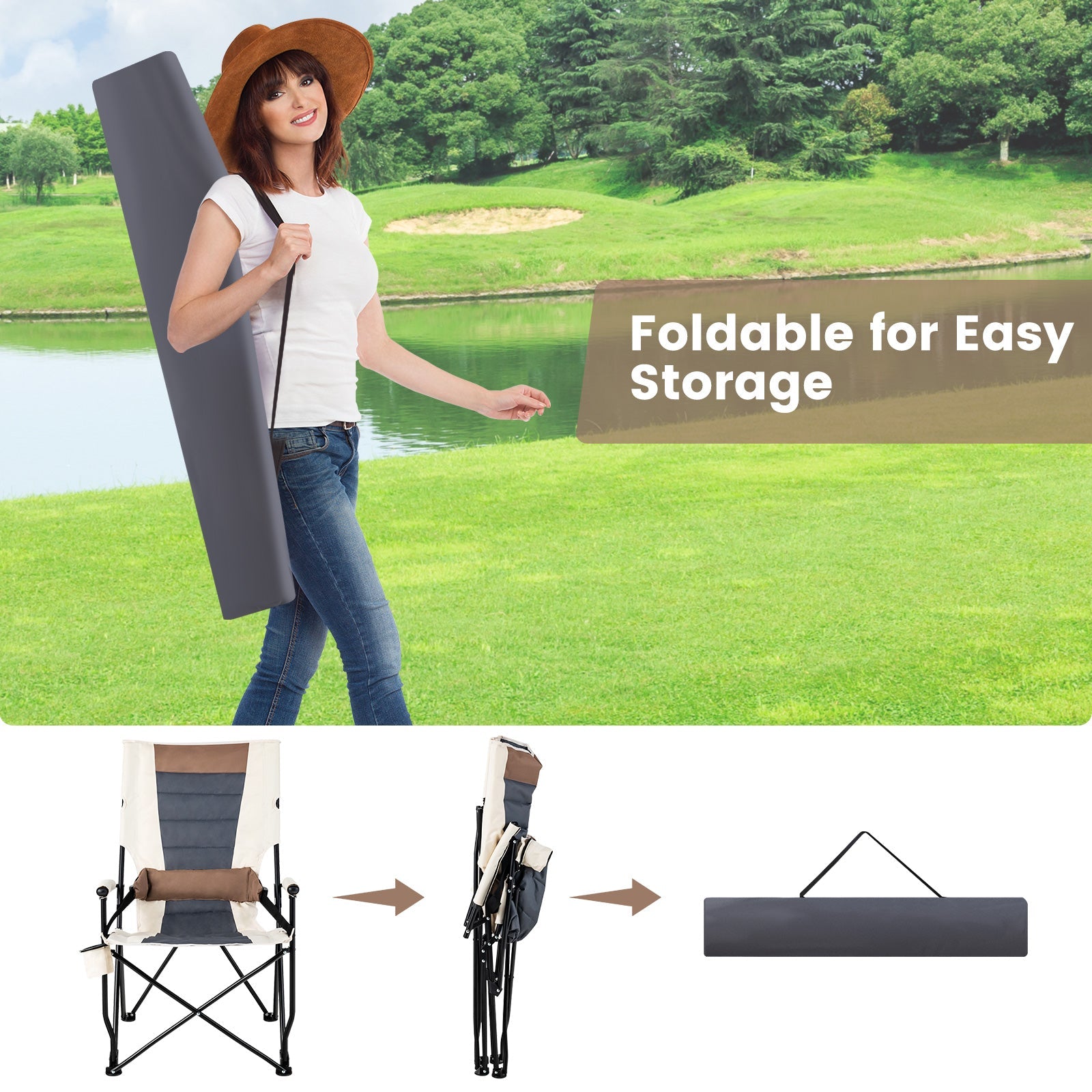 GemGear folding camping chair carried by a smiling woman in a park with a gray padded seat on Tampa Home & Garden Store