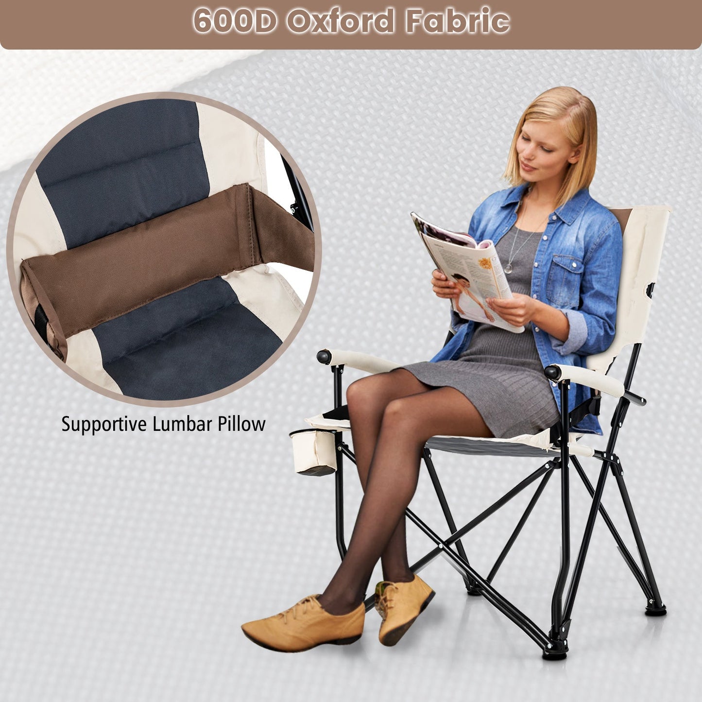 GemGear folding camping chair with cup holder armrest and lumbar pillow in navy/beige fabric on Tampa Home & Garden Store
