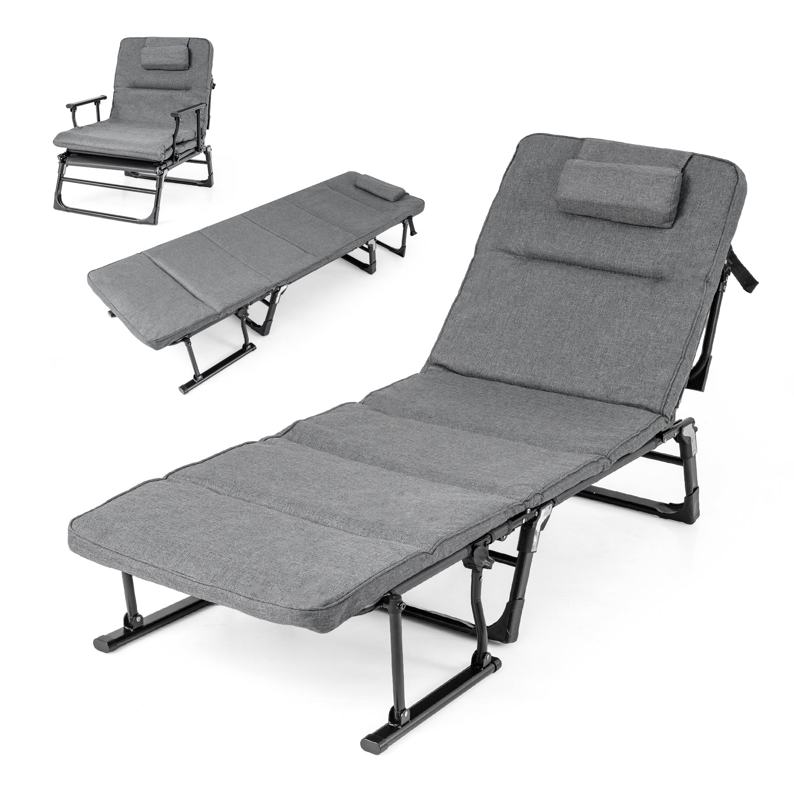 GemGear folding camping cot with mattress, 3-in-1 convertible cot/sofa/chaise in gray fabric on Tampa Home & Garden Store