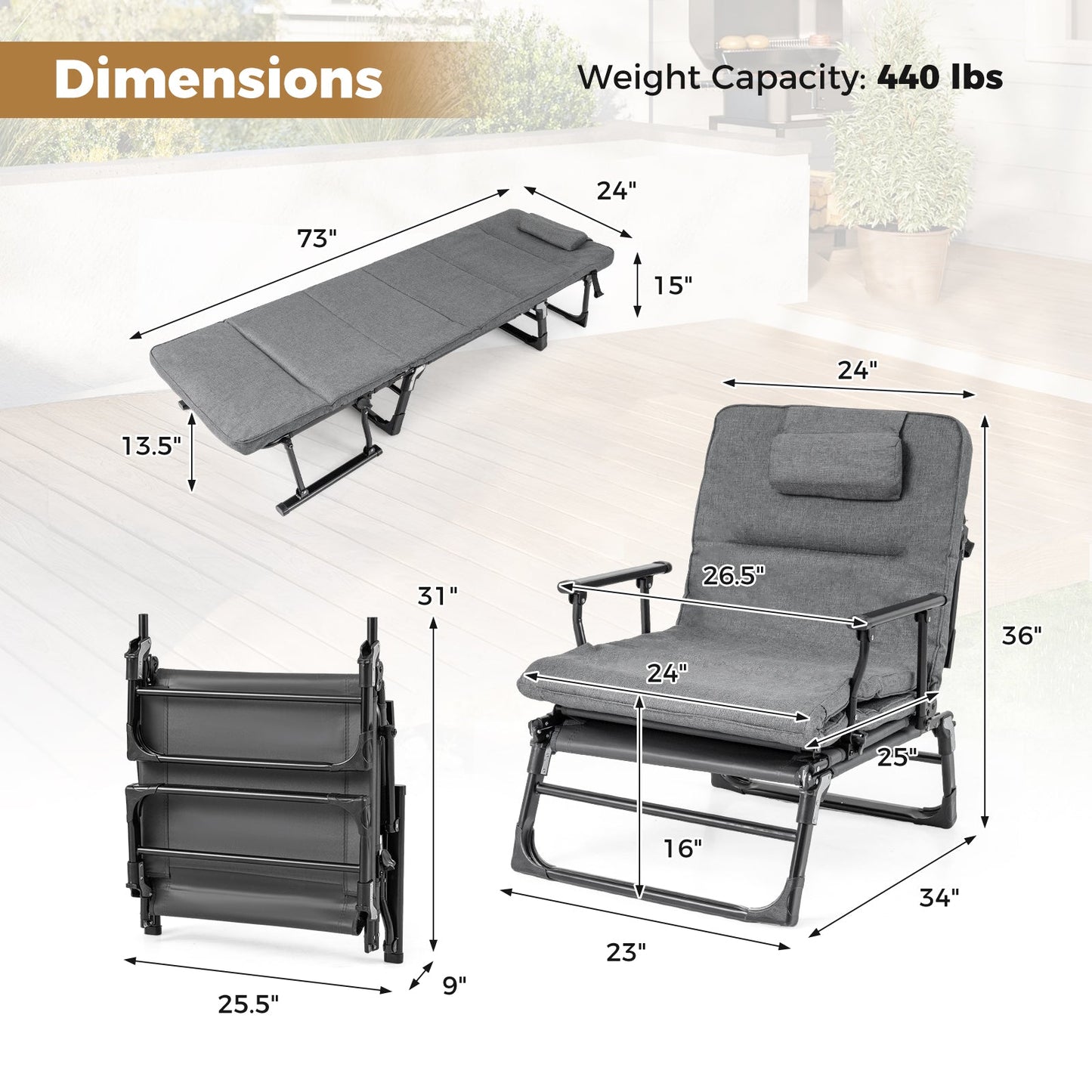 GemGear gray folding camping cot with mattress, 3-in-1 sofa/chaise sleeper, 73in long on Tampa Home & Garden Store