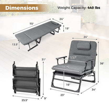GemGear gray folding camping cot with mattress, 3-in-1 sofa/chaise sleeper, 73in long on Tampa Home & Garden Store