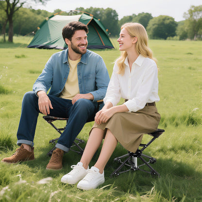 GemGear folding camping stools 2x 360-degree swivel with anti-sink feet in a field by tent on Tampa Home & Garden Store