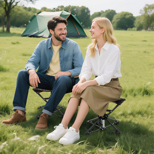 GemGear folding camping stools 2x 360-degree swivel with anti-sink feet in a field by tent on Tampa Home & Garden Store