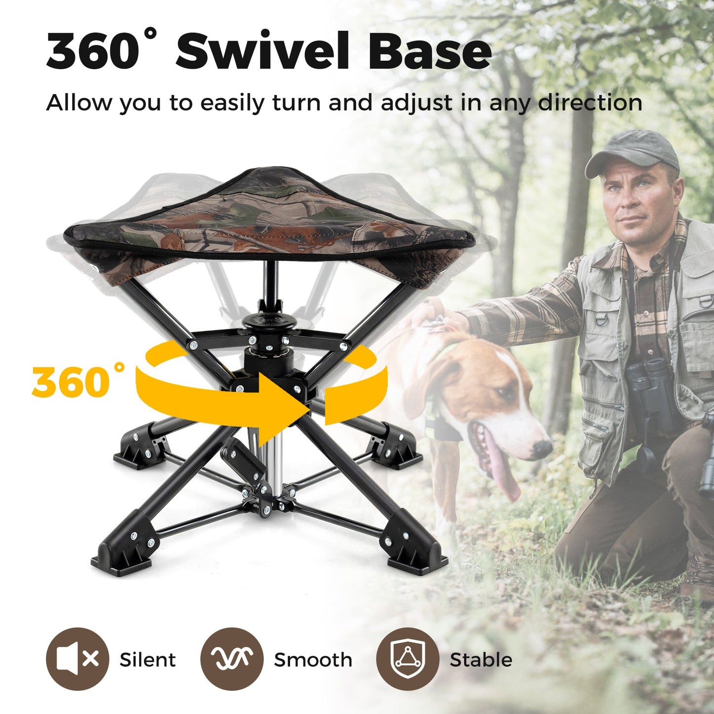 GemGear folding camping stool with 360° swivel base, camouflage fabric on Tampa Home & Garden Store