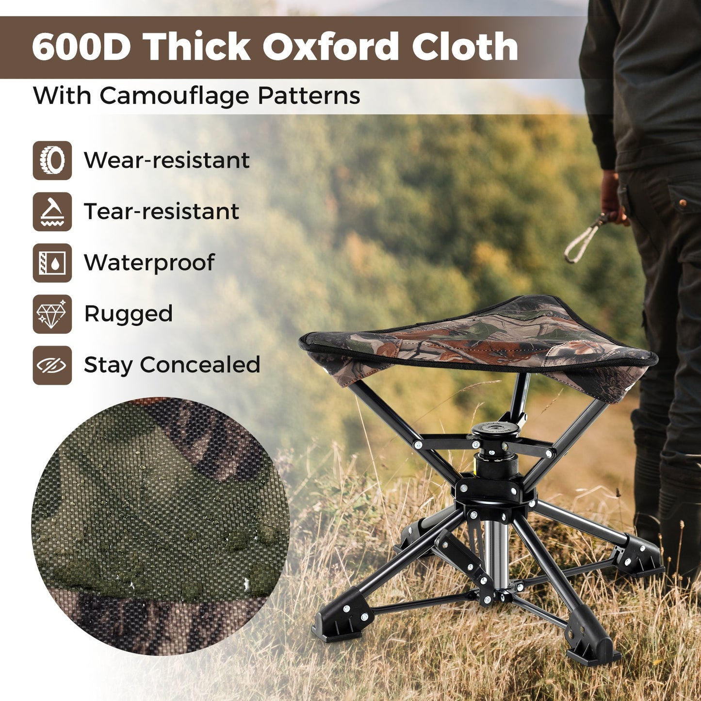 GemGear folding camping stool 360° swivel chair with camouflage seat and anti-sink feet on Tampa Home & Garden Store