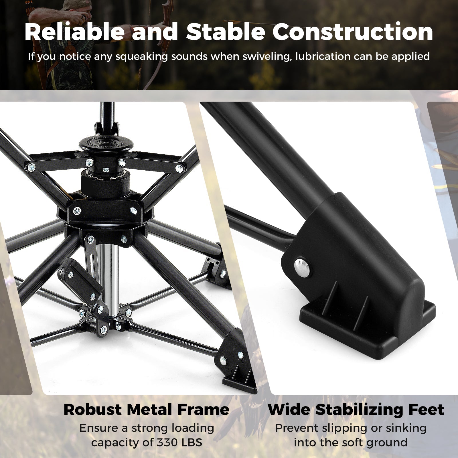 GemGear folding camping stool with 360° swivel, anti-sink feet, rugged black metal frame on Tampa Home & Garden Store