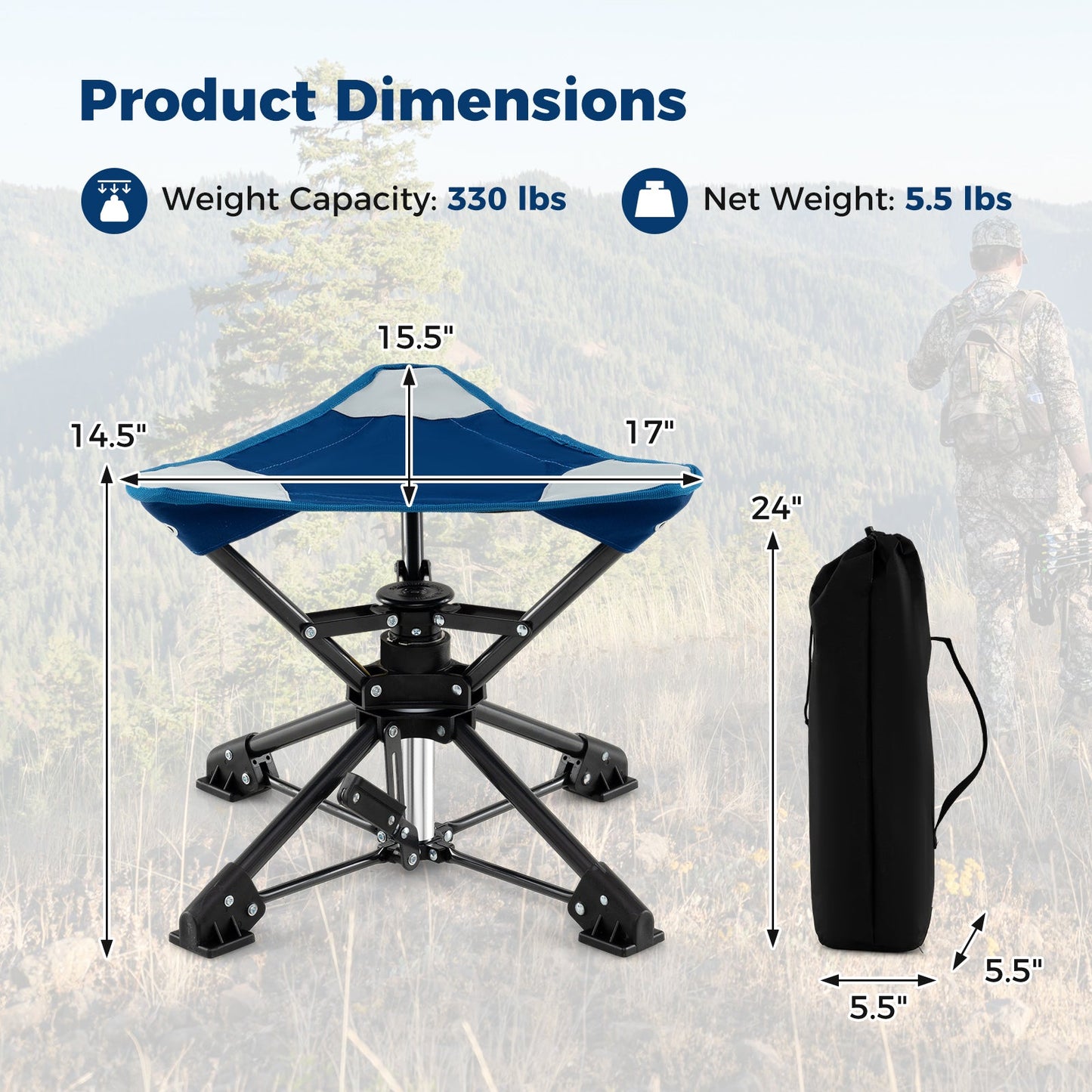 GemGear folding camping stool with 360° swivel, blue seat and anti-sink feet, carry bag on Tampa Home & Garden Store