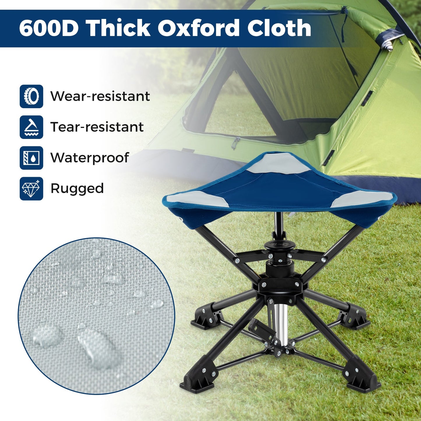 Folding camping stool with 360° swivel, blue fabric seat, anti-sink feet on rugged frame on Tampa Home & Garden Store