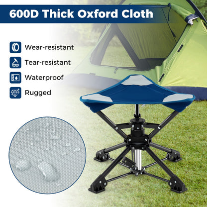 Folding camping stool with 360° swivel, blue fabric seat, anti-sink feet on rugged frame on Tampa Home & Garden Store