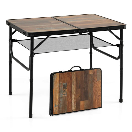 DirectDeals folding camping table with wood top, adjustable height legs, mesh storage net on Tampa Home & Garden Store
