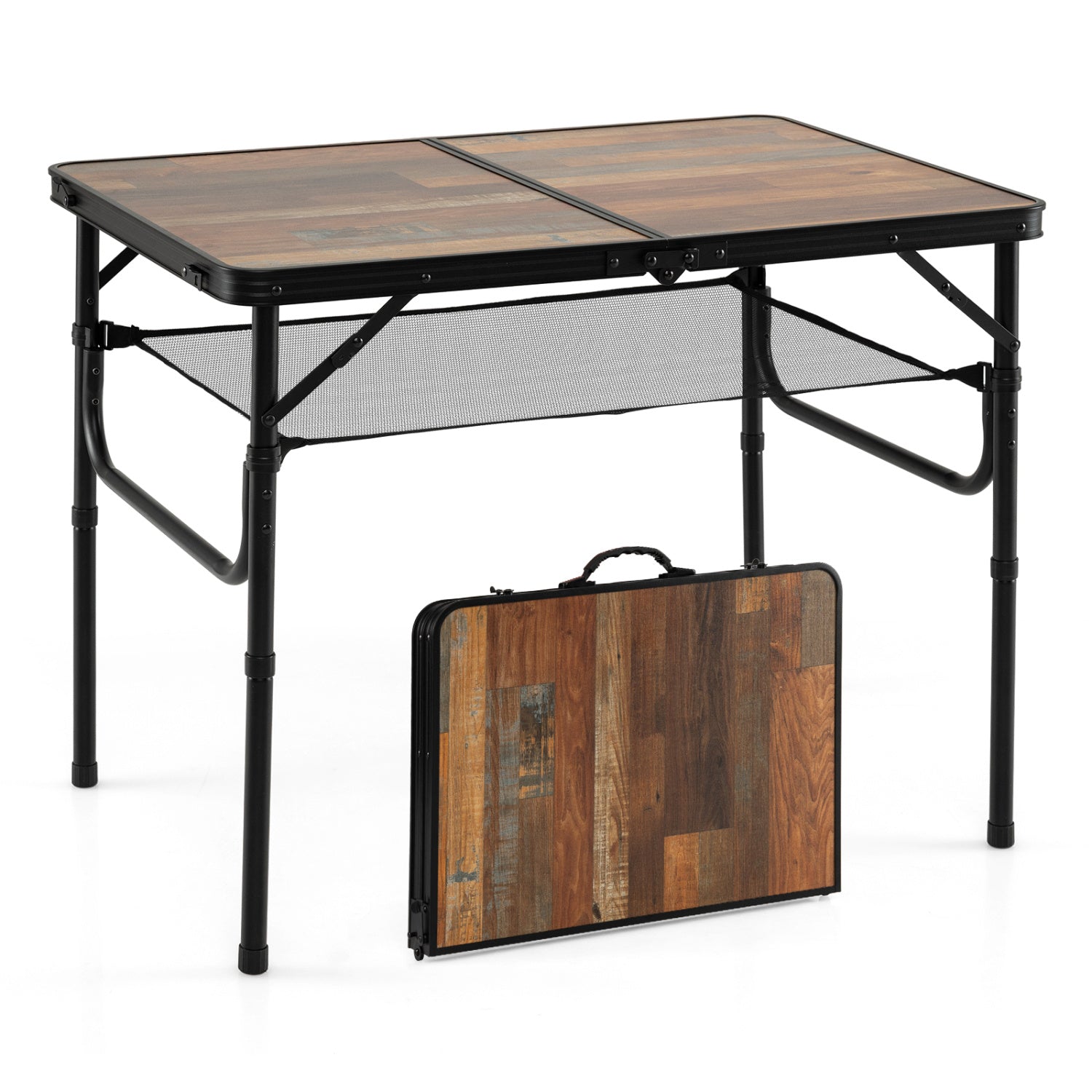 GemGear folding camping table with wood-grain top, adjustable-height legs and mesh storage net on Tampa Home & Garden Store