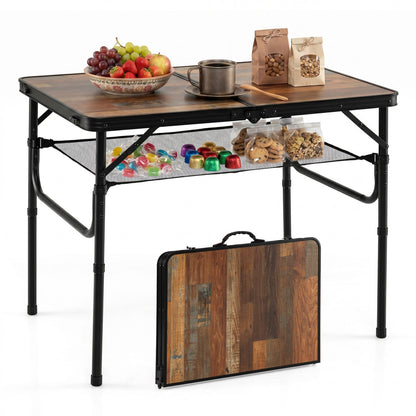 GemGear folding camping table with wood grain top, frame, adjustable height and mesh shelf on Tampa Home & Garden Store