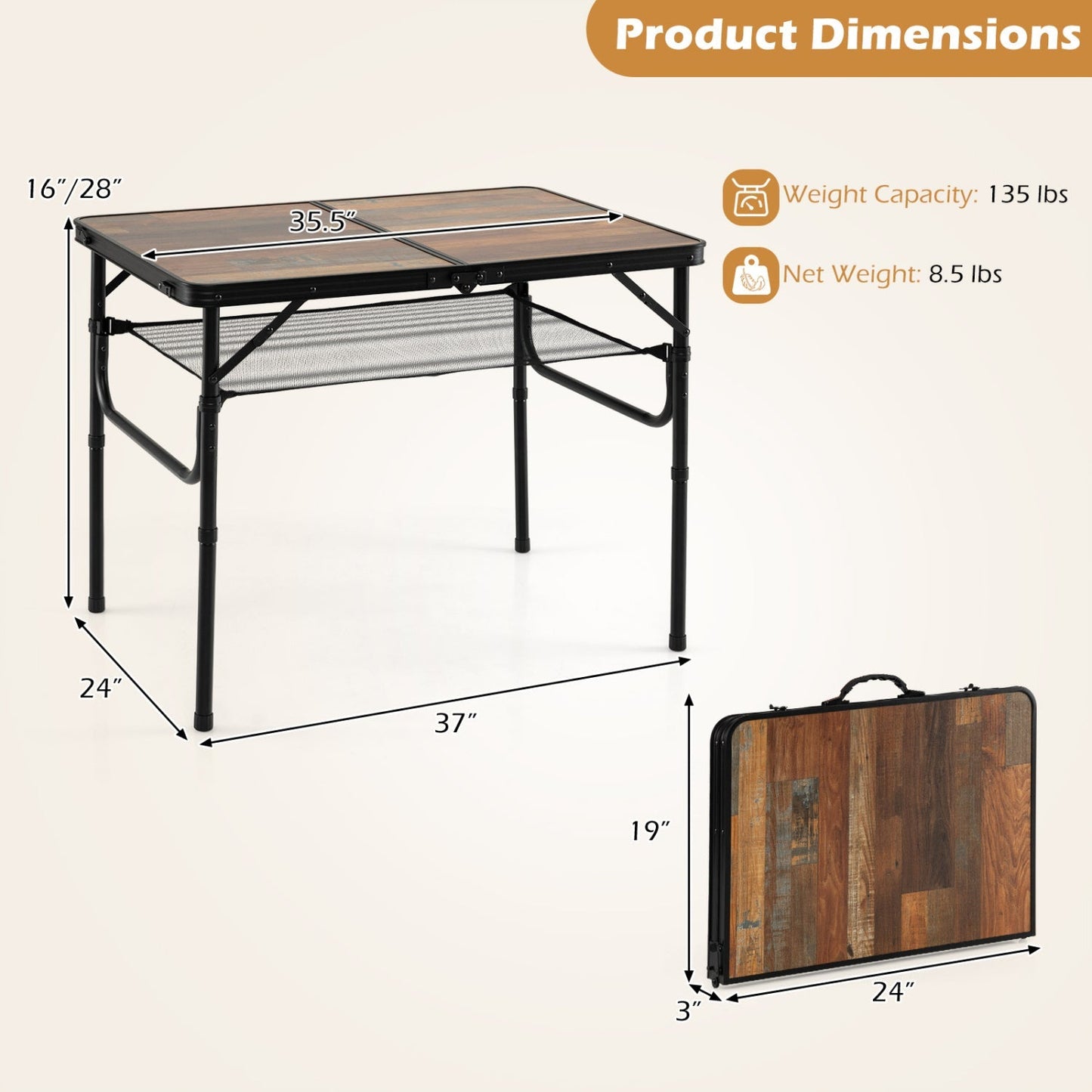 GemGear folding camping table with wood top, adjustable height and mesh storage shelf on Tampa Home & Garden Store