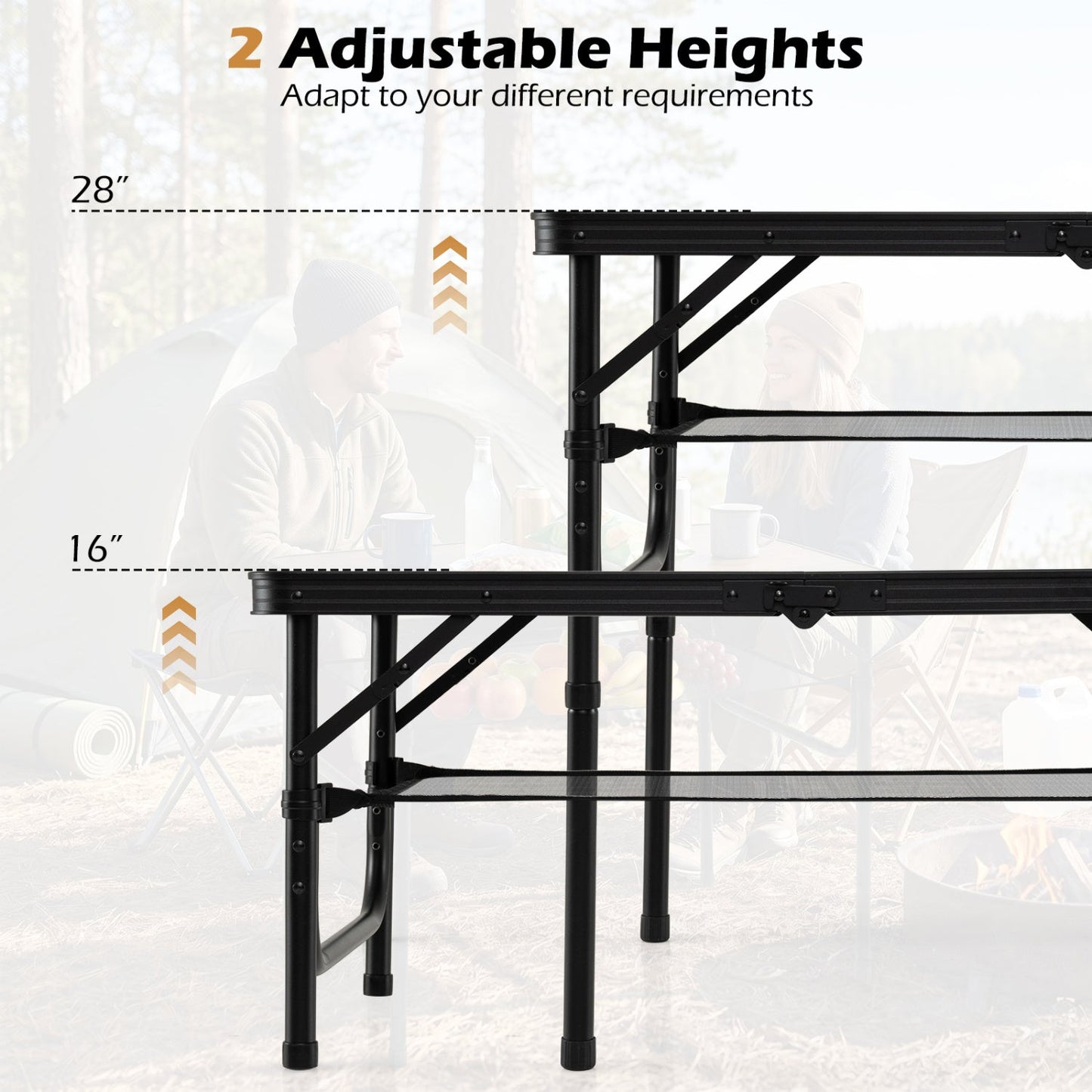 GemGear Folding Camping Table with 2 adjustable heights, black frame, storage net on Tampa Home & Garden Store