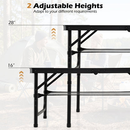 GemGear Folding Camping Table with 2 adjustable heights, black frame, storage net on Tampa Home & Garden Store