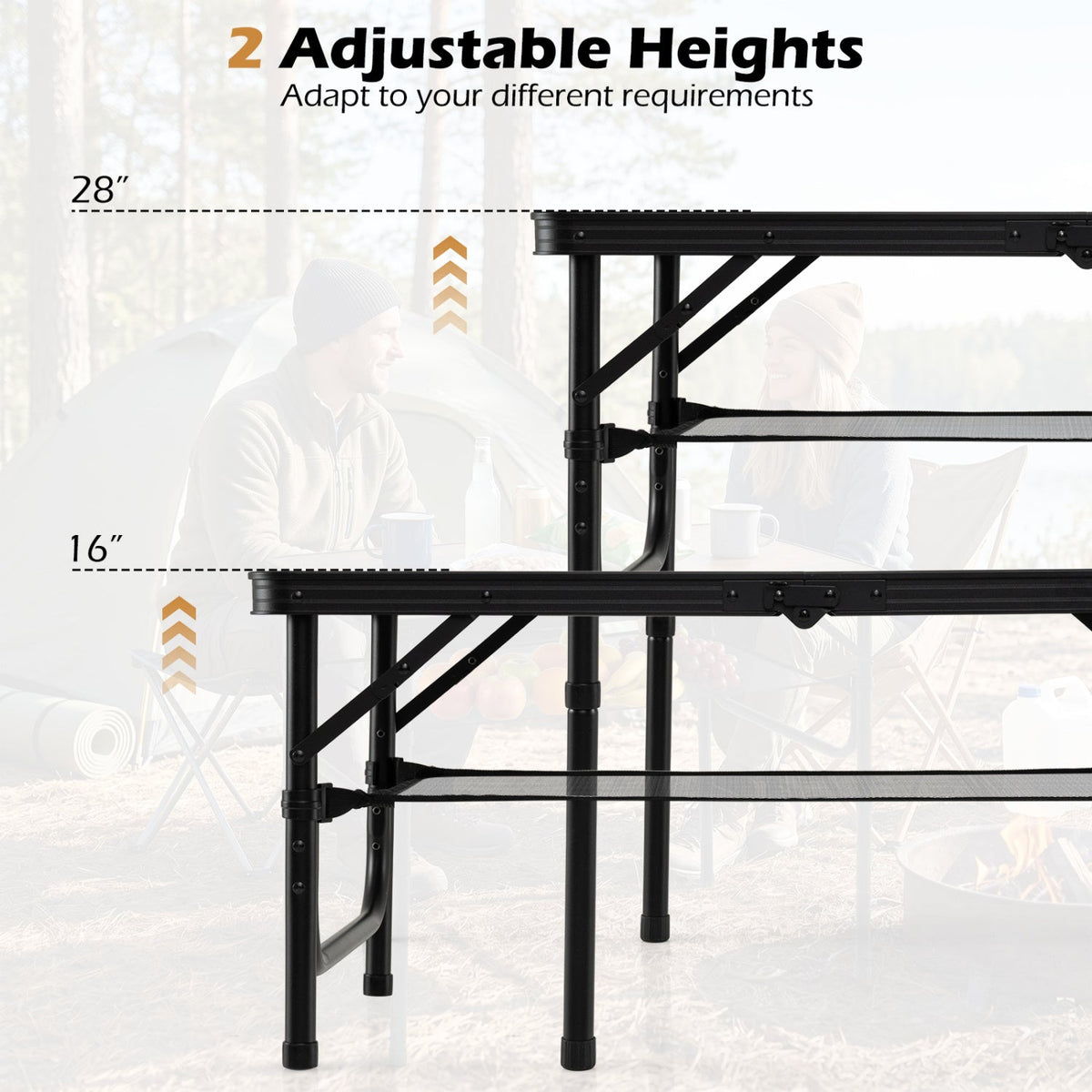 GemGear folding camping table with adjustable heights, black metal frame, storage net on Tampa Home & Garden Store