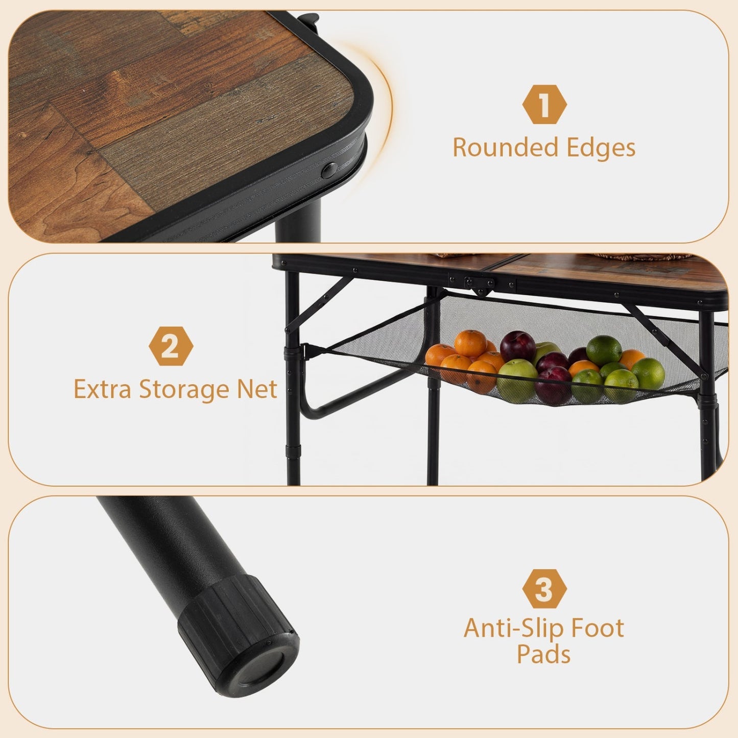 GemGear folding camping table with wood top, adjustable height, mesh storage net on Tampa Home & Garden Store