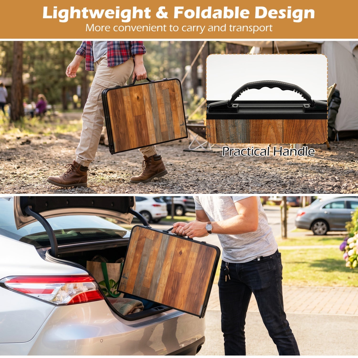 GemGear Folding Camping Table with wood-grain top, storage net and adjustable height on Tampa Home & Garden Store