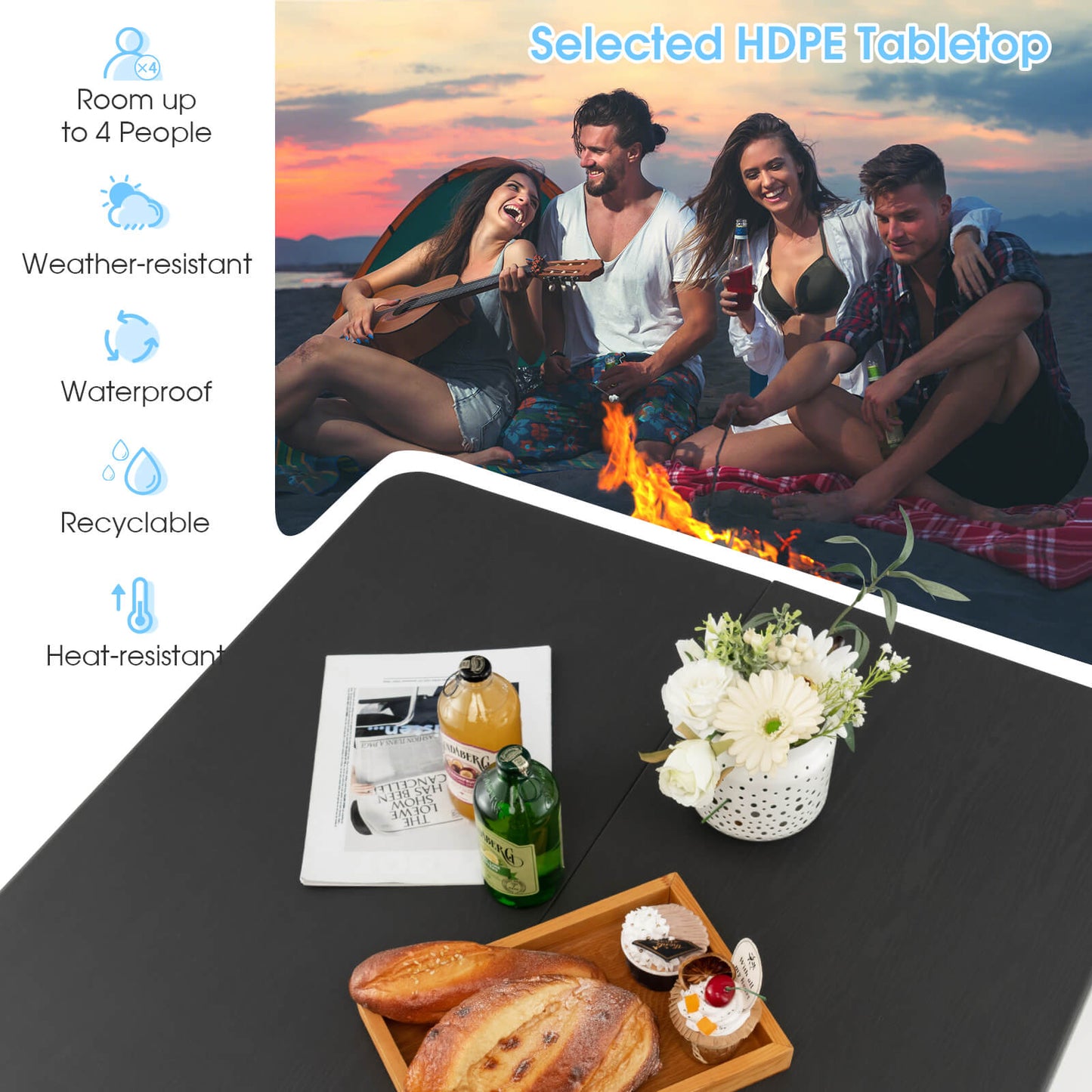 GemGear Folding Camping Table with all-weather HDPE tabletop and rustproof steel frame on Tampa Home & Garden Store