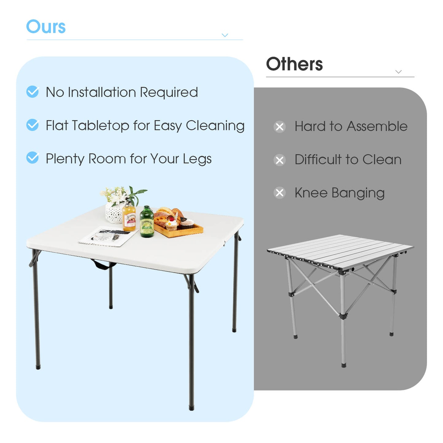 GemGear folding camping table with all-weather HDPE top and rustproof steel frame, shown with drinks on Tampa Home & Garden Store