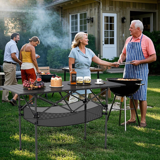 Patio Folding Camping Table with Roll-up Tabletop and Mesh Basket - Tampa Home & Garden Store