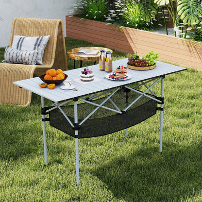 Patio folding camping table by GemGear with gray roll-up tabletop and mesh storage basket on Tampa Home & Garden Store