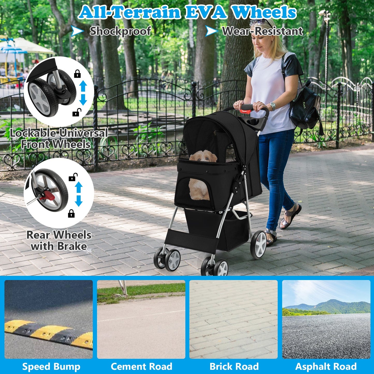 Folding Pet Stroller with Storage Basket and Adjustable Canopy