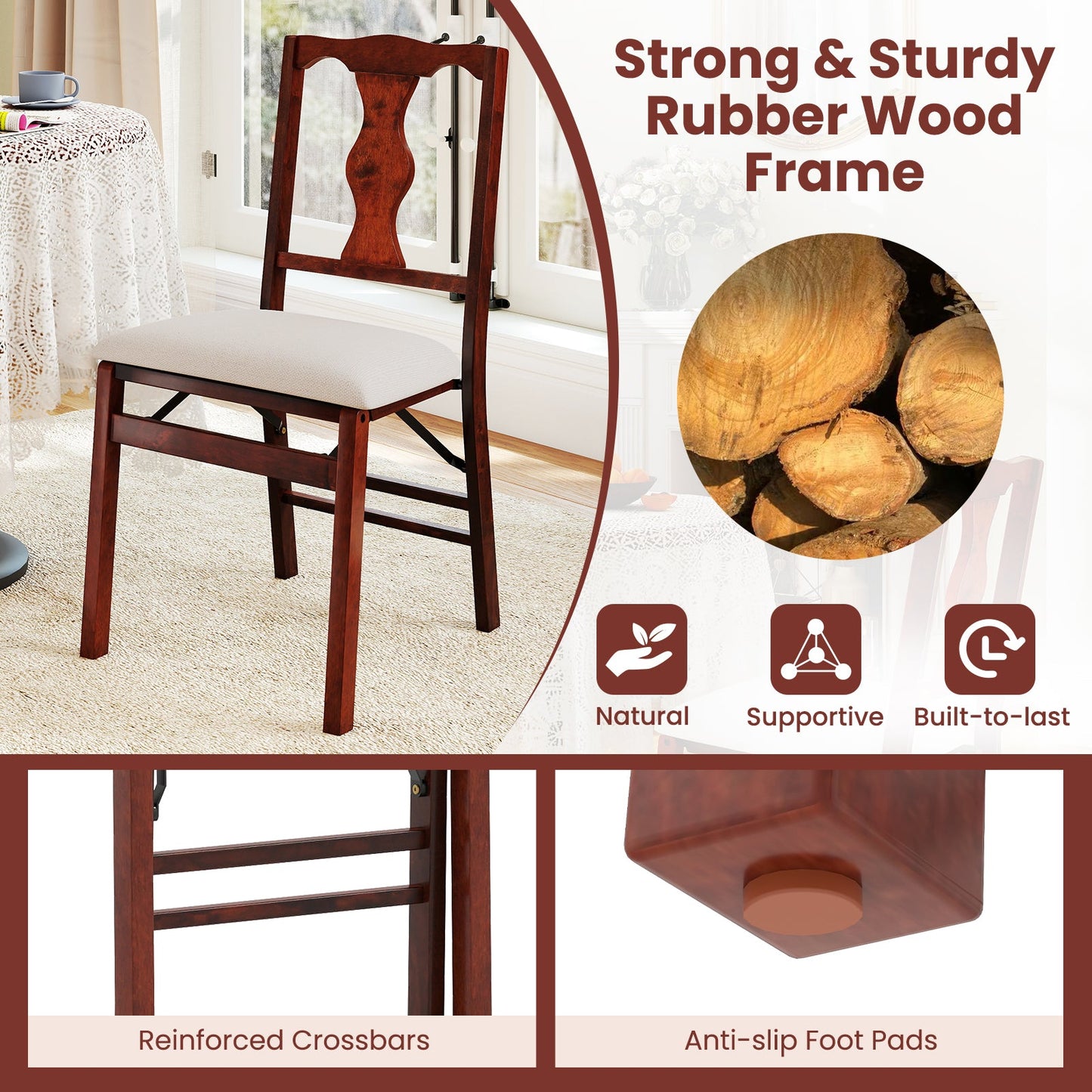 Folding Chairs Set of 2 Upholstered Dining Chairs with Comfy Padded Seats-Brown