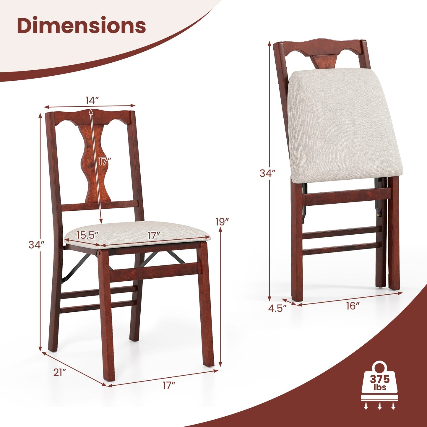 Folding Chairs Set of 2 Upholstered Dining Chairs with Comfy Padded Seats-Brown