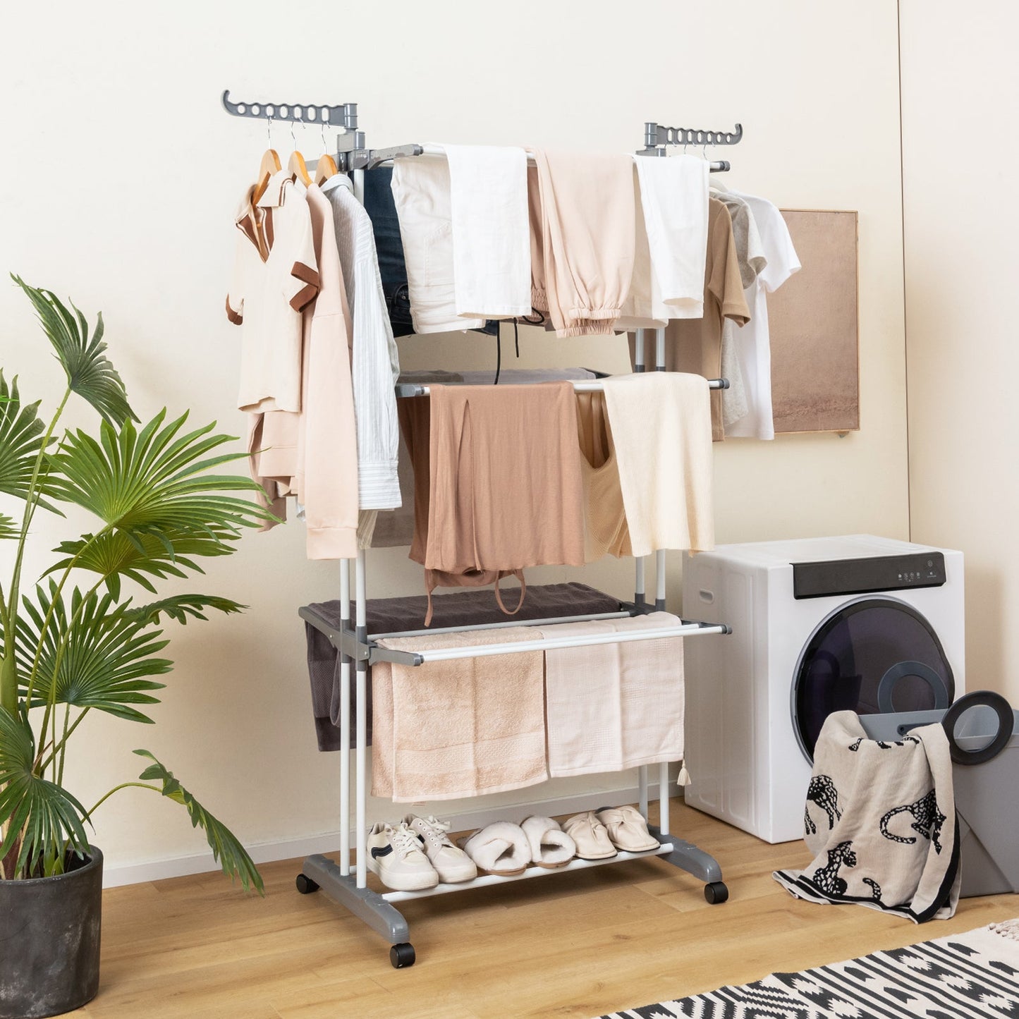 Tendedero de Ropa de 4 Niveles con Alas Laterales Giratorias y Estantes Plegables - Gris