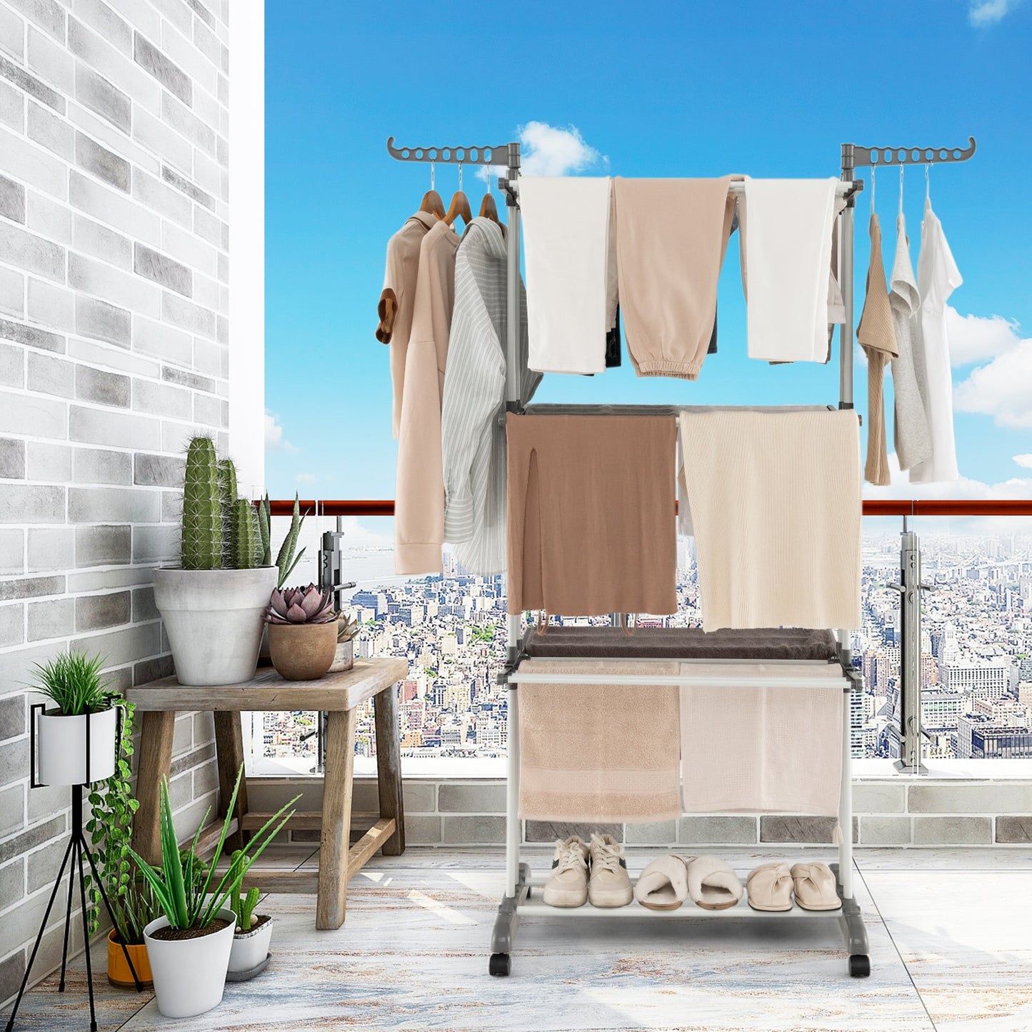 Tendedero de Ropa de 4 Niveles con Alas Laterales Giratorias y Estantes Plegables - Gris