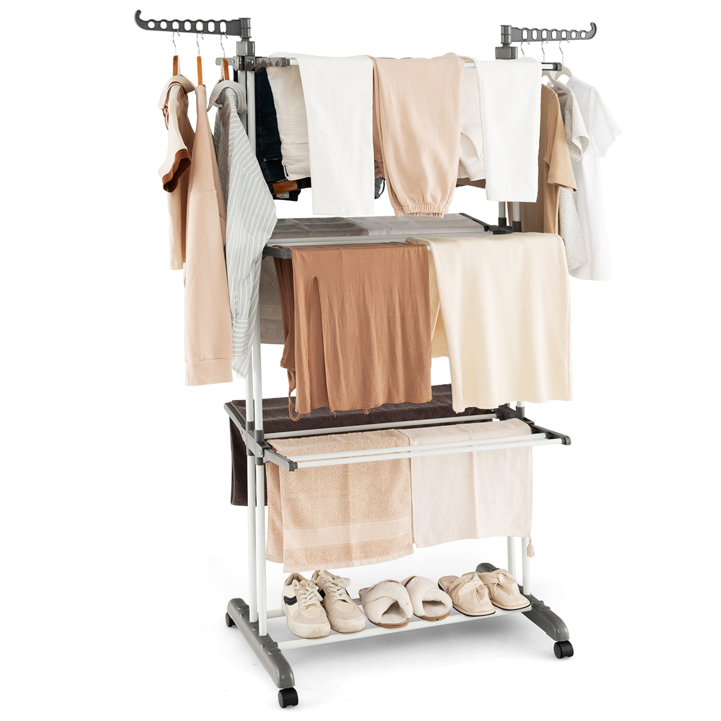 Tendedero de Ropa de 4 Niveles con Alas Laterales Giratorias y Estantes Plegables - Gris