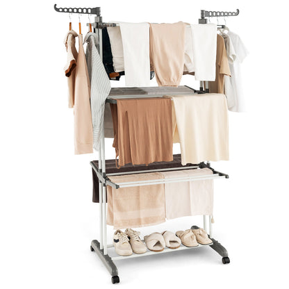 Tendedero de Ropa de 4 Niveles con Alas Laterales Giratorias y Estantes Plegables - Gris