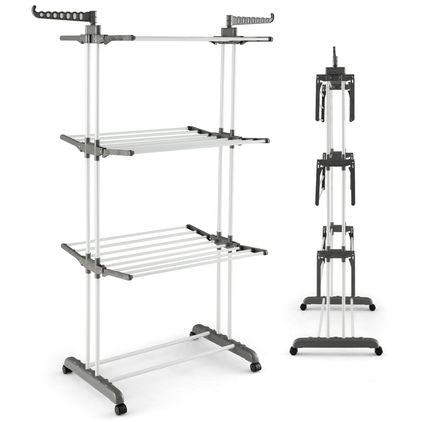 Tendedero de Ropa de 4 Niveles con Alas Laterales Giratorias y Estantes Plegables - Gris