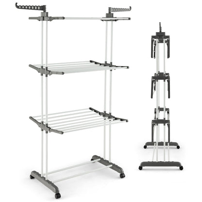 Tendedero de Ropa de 4 Niveles con Alas Laterales Giratorias y Estantes Plegables - Gris