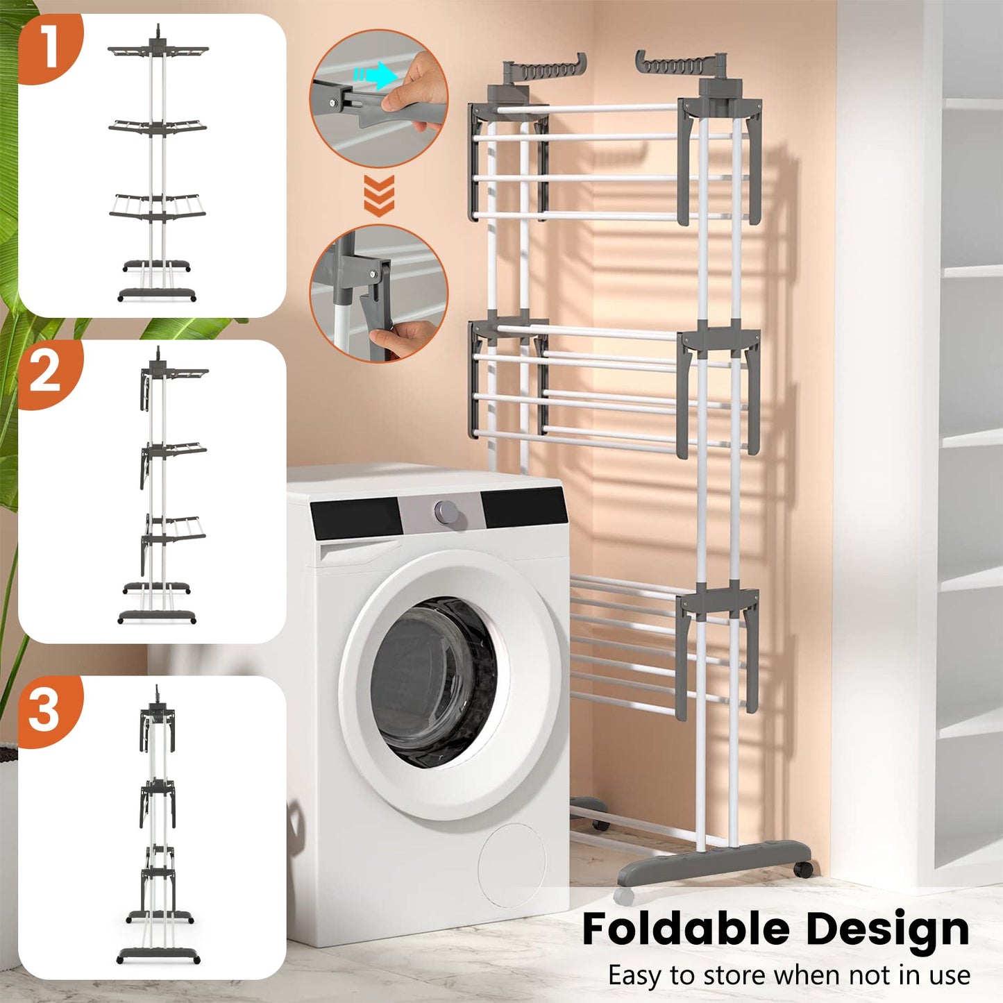 Tendedero de Ropa de 4 Niveles con Alas Laterales Giratorias y Estantes Plegables - Gris