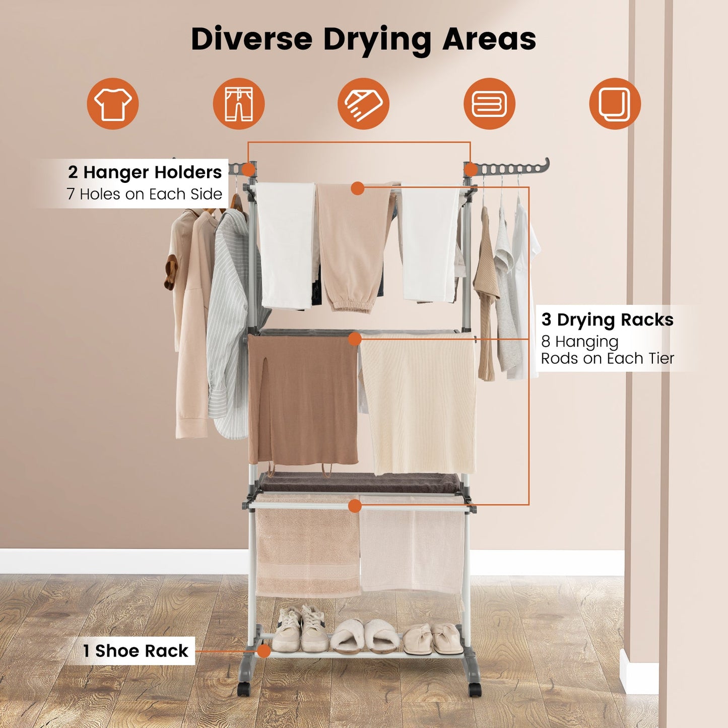 Tendedero de Ropa de 4 Niveles con Alas Laterales Giratorias y Estantes Plegables - Gris