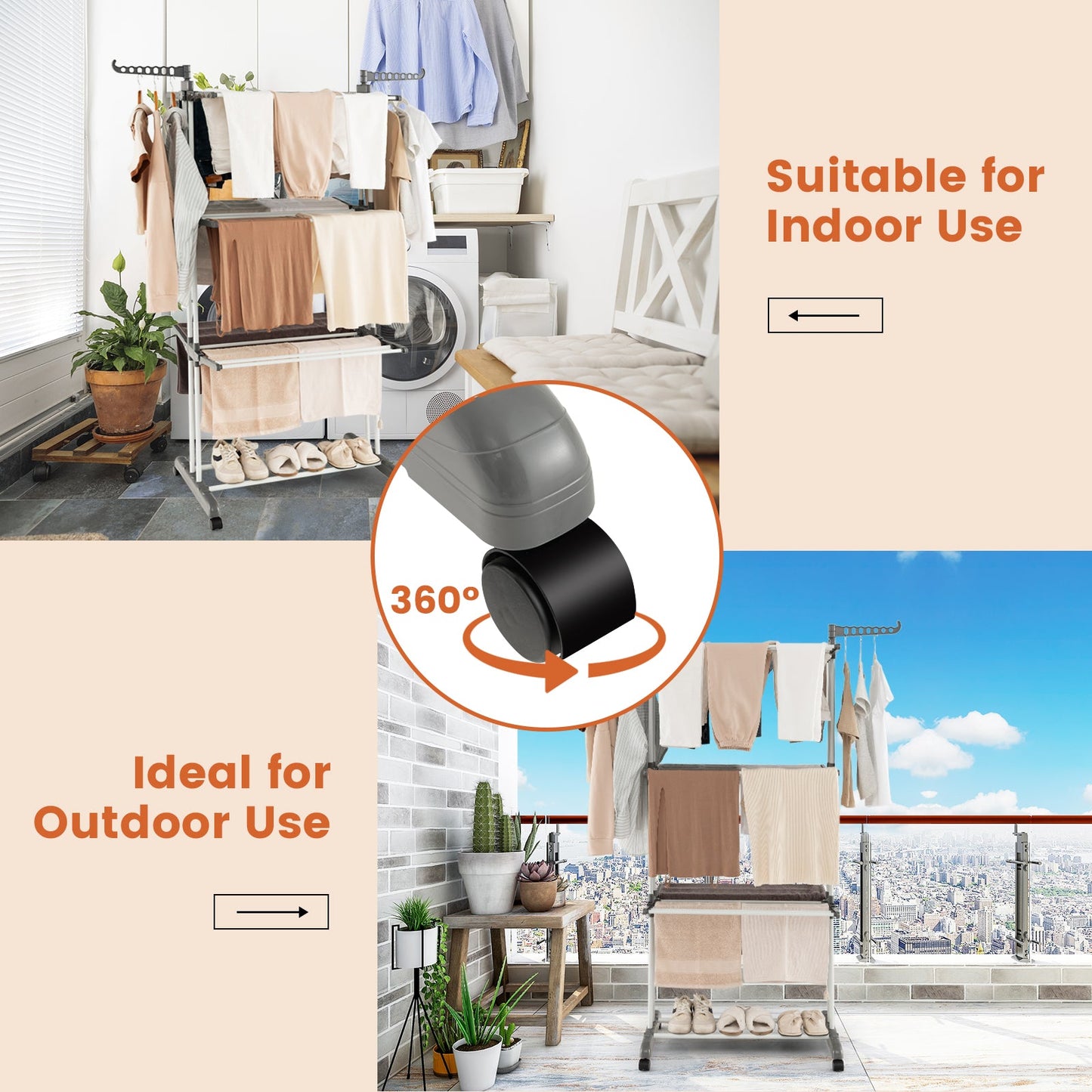 Tendedero de Ropa de 4 Niveles con Alas Laterales Giratorias y Estantes Plegables - Gris