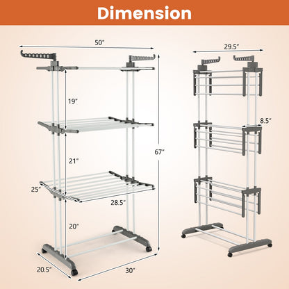 Tendedero de Ropa de 4 Niveles con Alas Laterales Giratorias y Estantes Plegables - Gris