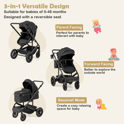3-in-1 Folding Convertible Newborn Stroller with Detachable Bassinet
