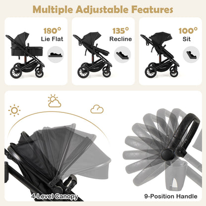 3-in-1 Folding Convertible Newborn Stroller with Detachable Bassinet