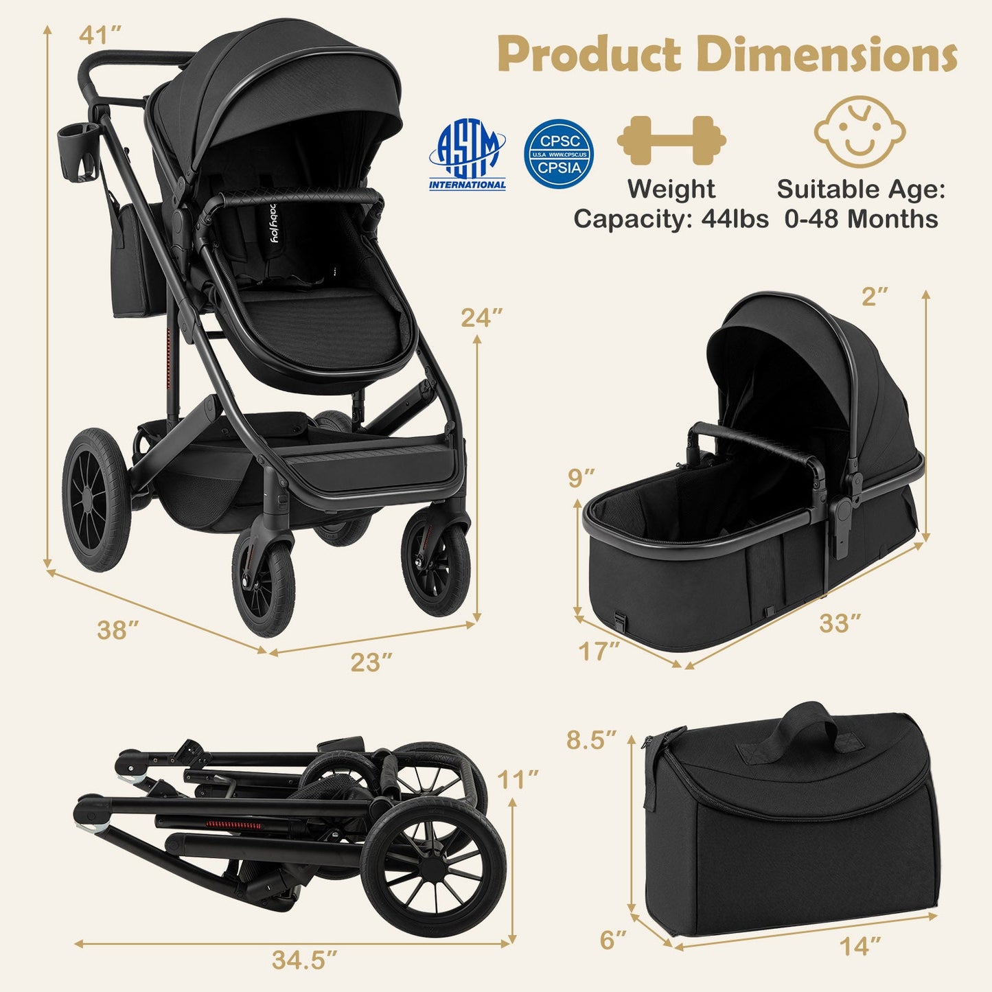 3-in-1 Folding Convertible Newborn Stroller with Detachable Bassinet