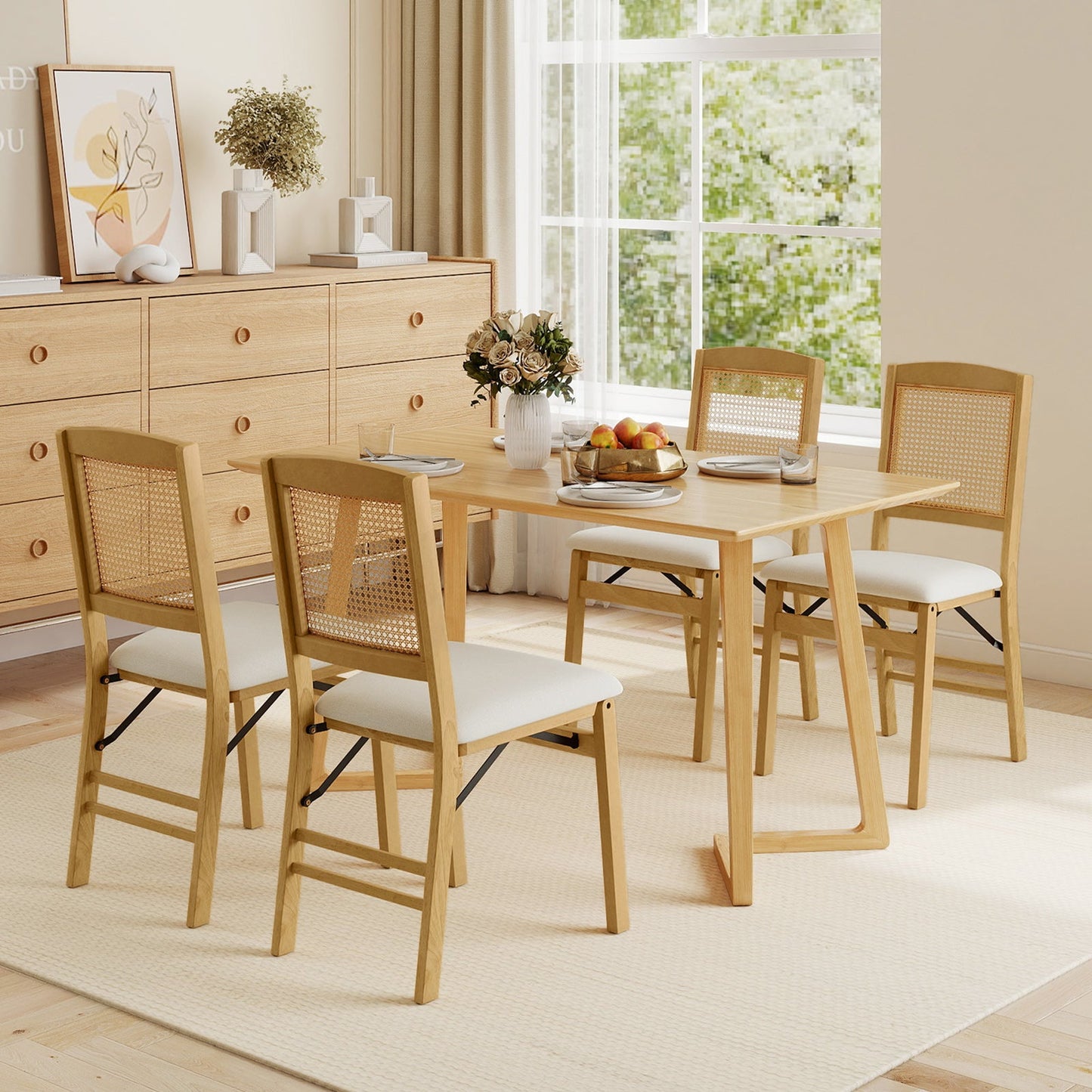 Folding Dining Chairs Set of 4 Rubber Wood Chairs with Linen Padded Seat - Tampa Home & Garden Store