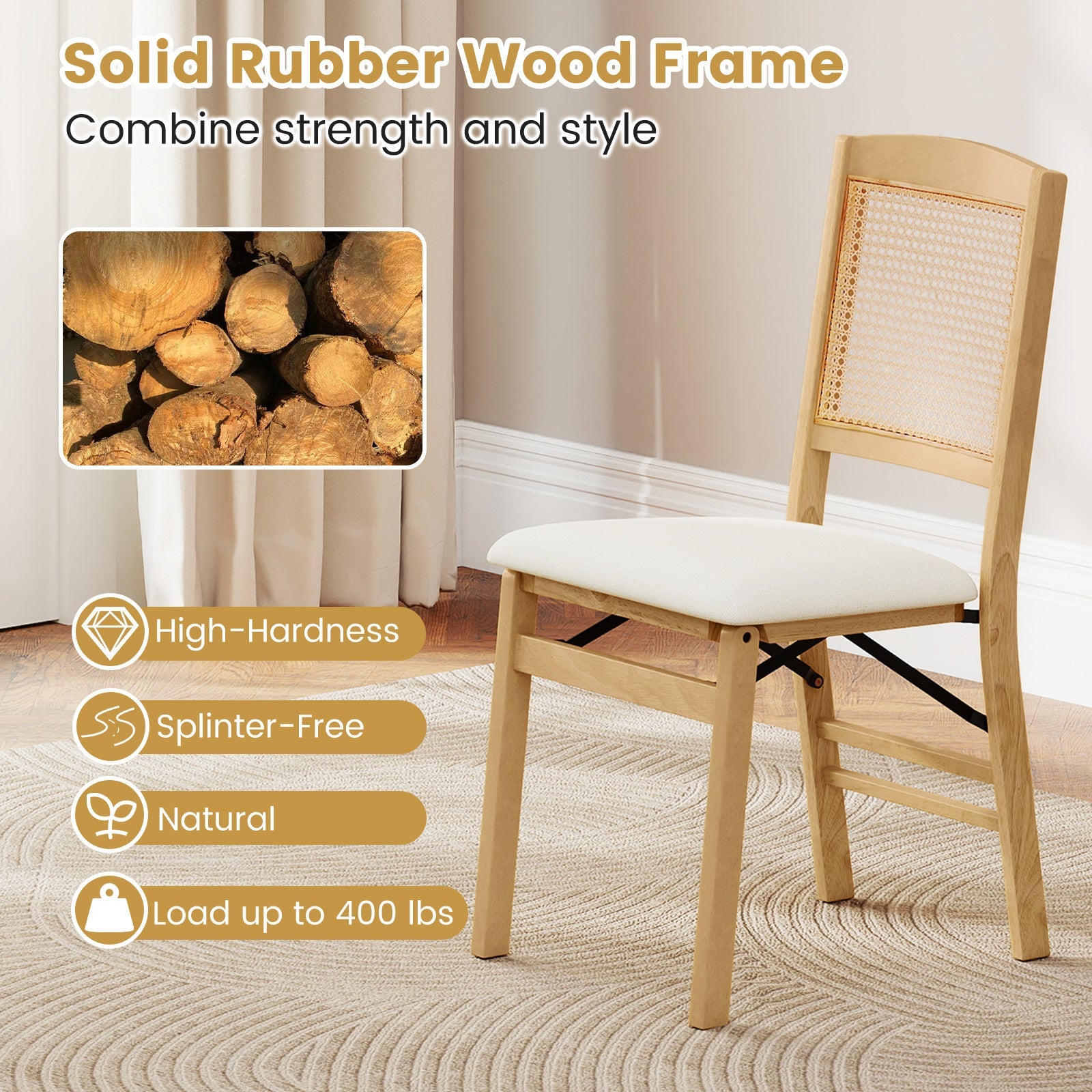 Folding Dining Chairs Set of 4 Rubber Wood Chairs with Linen Padded Seat - Tampa Home & Garden Store
