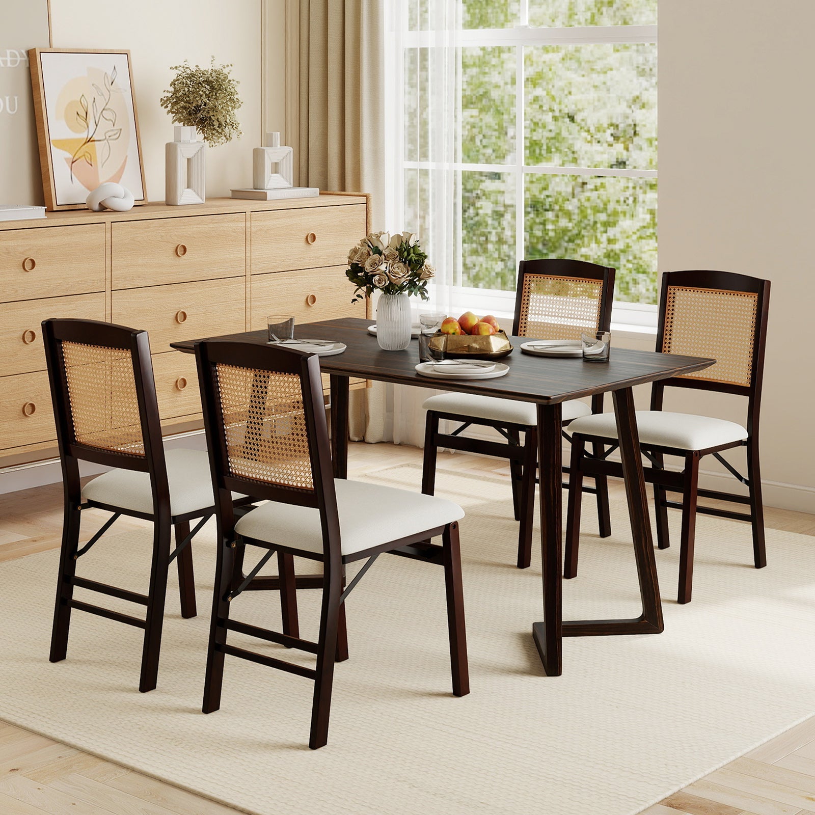 Folding Dining Chairs Set of 4 Rubber Wood Chairs with Linen Padded Seat - Tampa Home & Garden Store