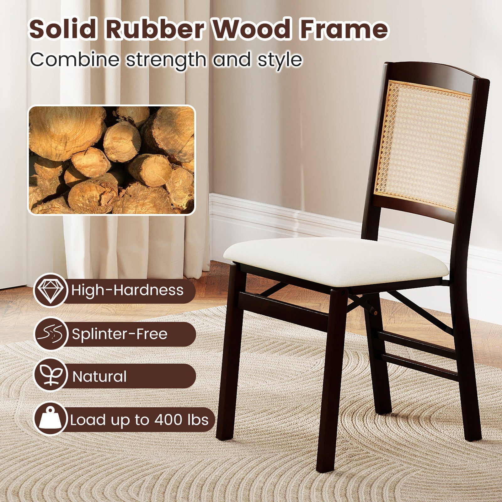 Folding Dining Chairs Set of 4 Rubber Wood Chairs with Linen Padded Seat - Tampa Home & Garden Store