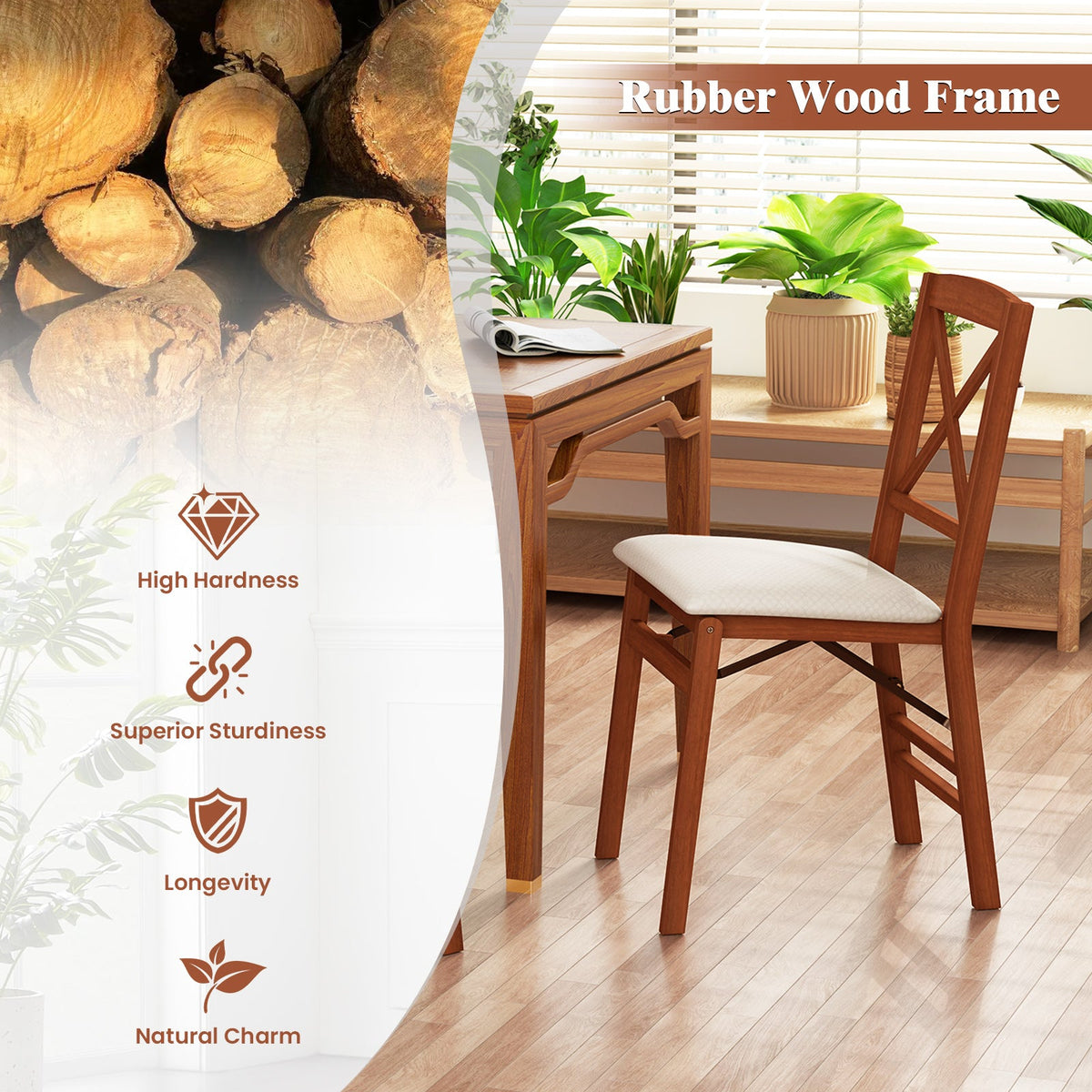 Folding dining chairs set of 2 by DirectDeals with padded beige seats and rubber wood frame on Tampa Home & Garden Store