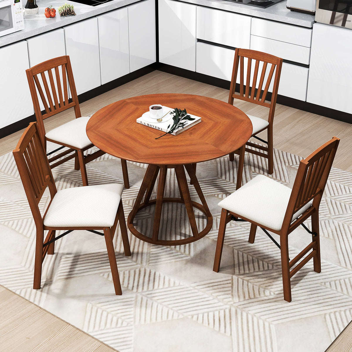 Folding Dining Chairs set of 2 with padded seats and rubber wood frames around a round wooden table in a modern kitchen on Tampa Home & Garden Store