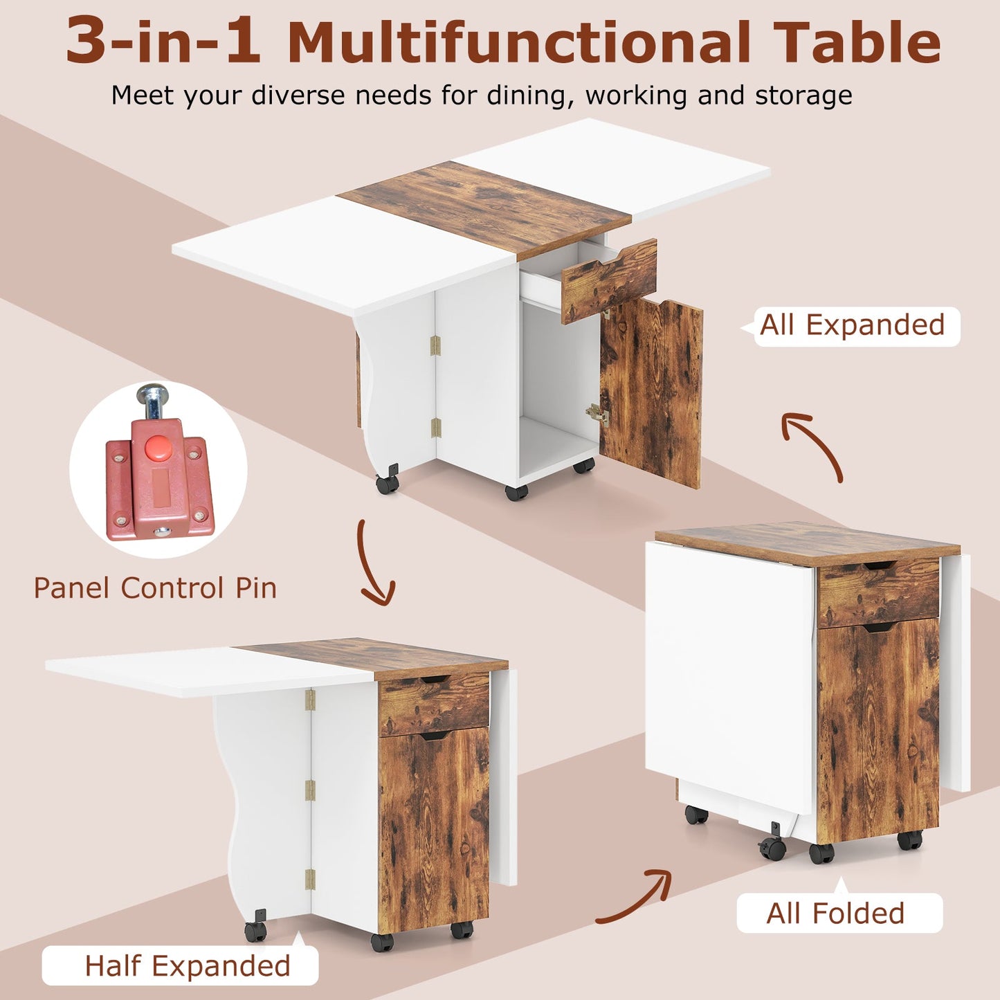 Folding Dining Table 3-in-1 Space-Saving Drop Leaf Kitchen Table with Lockable Wheels